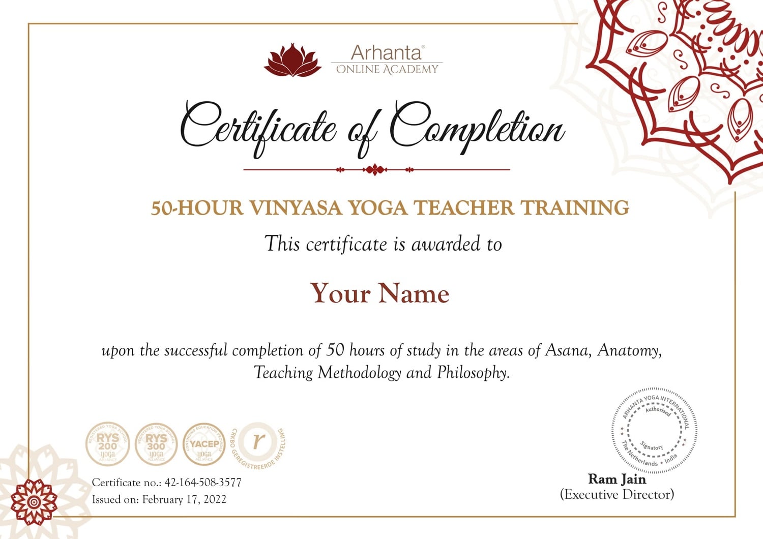 Vinyasa yoga teacher training certificate