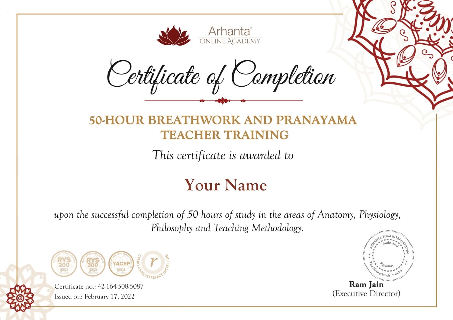 Ademcoach en Pranayama Docenten Opleiding Certificaat