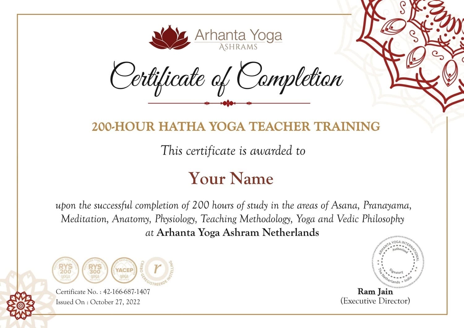 200 uur Hatha Yoga Docenten Opleiding Certificaat