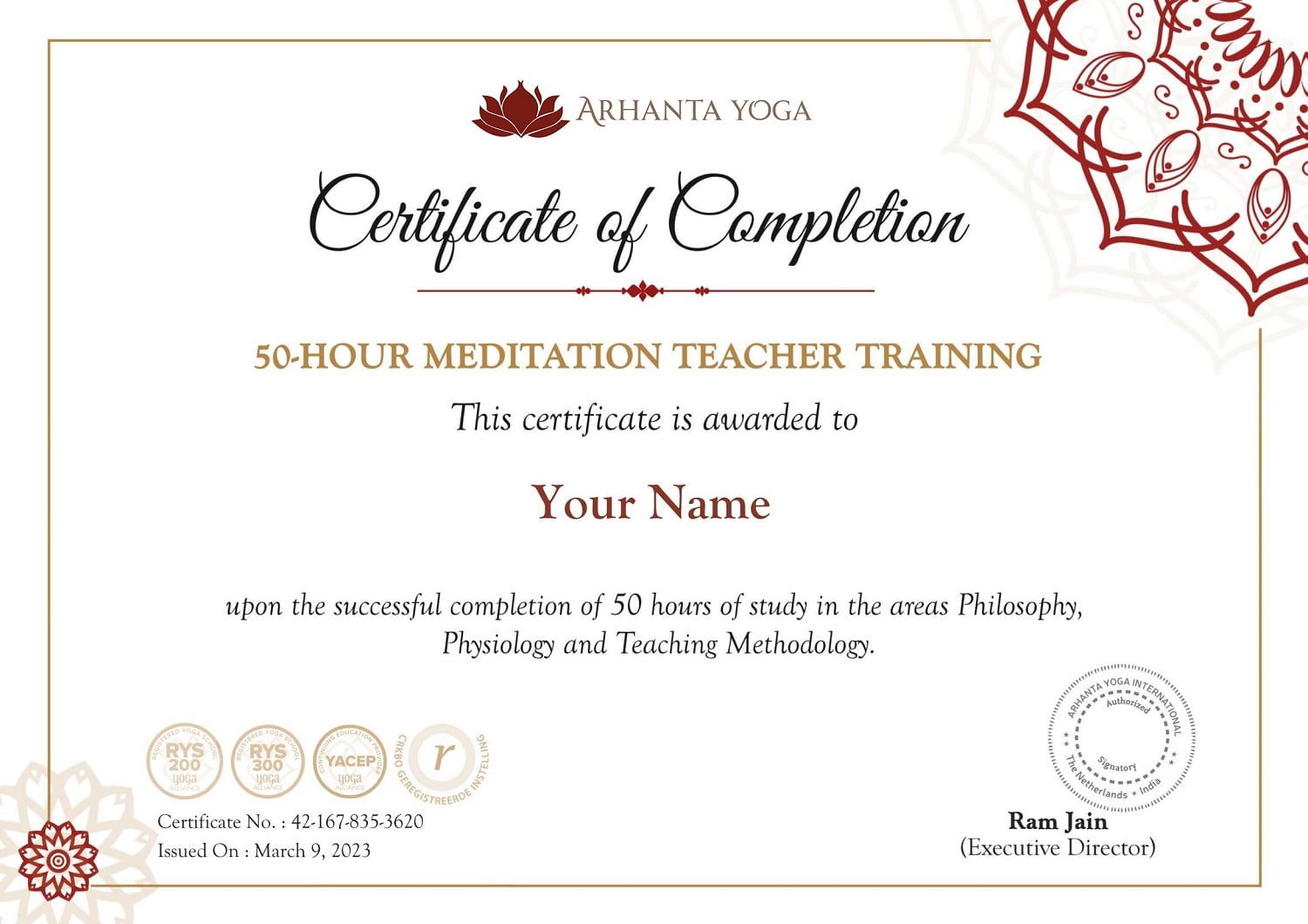 50 Uur Meditatie Leraar Opleiding Certificaat