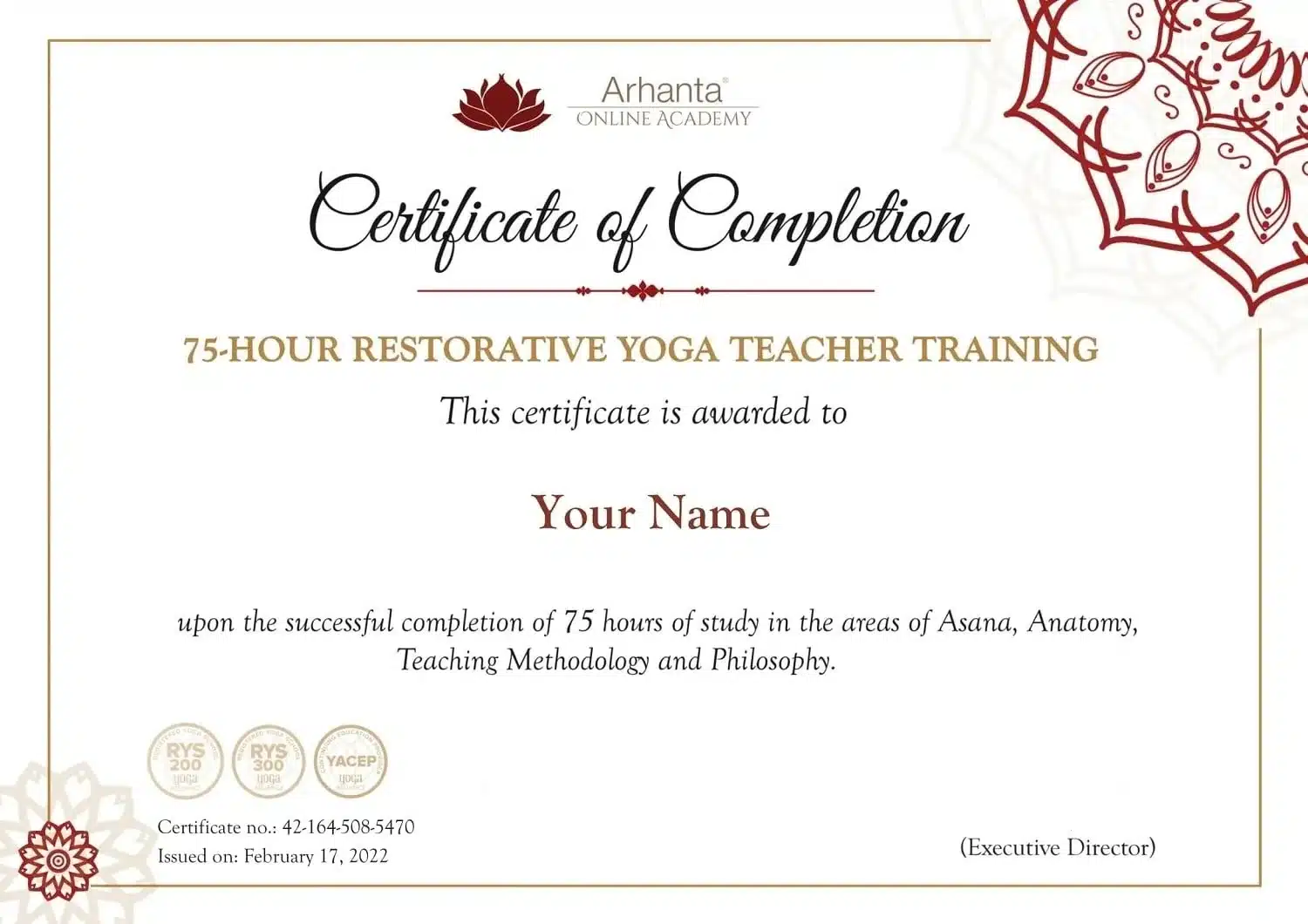 Certificaat Restorative Yoga Teacher Training Certificaat Restorative Yoga Teacher Training